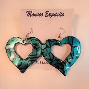 Monaco Exquisite Acrylic Turquoise Blue and Black Heart Snake Print Earrings